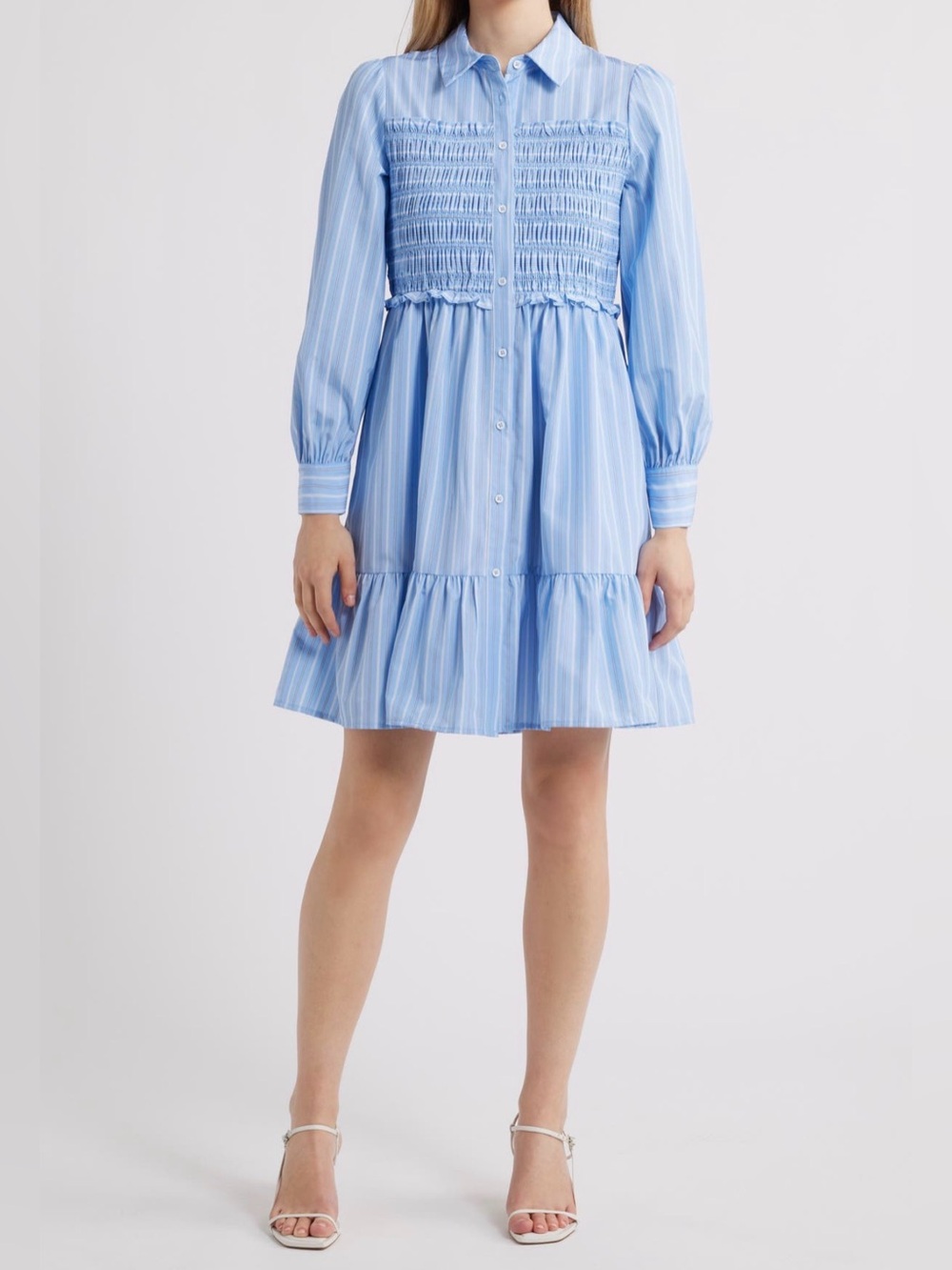 NWT Eliza J Blue White Striped Smocked Shirt Dress Size 6